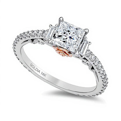 Dreistein-Verlobungsring mit Labordiamanten im Princess- und Baguette-Schliff, 1.5 ct. Gesamtgewicht, in 14K Weißgold für Damen