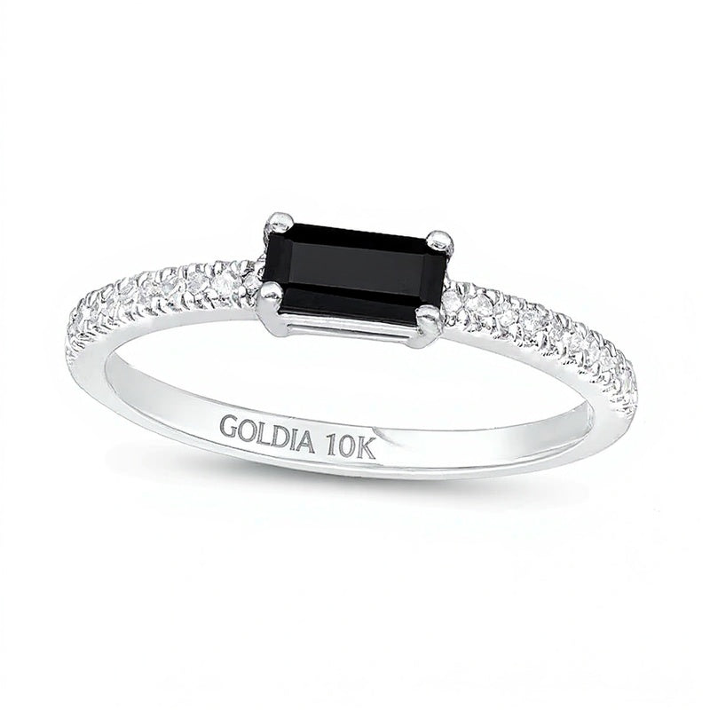 Fashion-Ring mit Baguette-Onyx quer und 0,1 ct. Gesamtgewicht Diamanten in Pavé aus 10K Weißgold