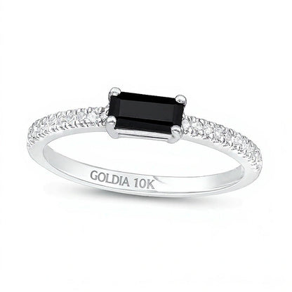 Fashion-Ring mit Baguette-Onyx quer und 0,1 ct. Gesamtgewicht Diamanten in Pavé aus 10K Weißgold