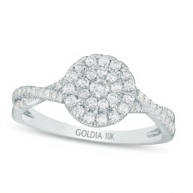 0.5 CT. Gesamtgewicht Diamant Verlobungsring mit doppeltem Halo und Crossover-Ringschiene in 10K Weißgold