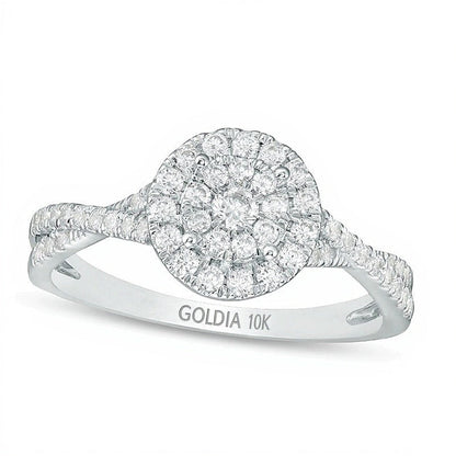 0.5 CT. Gesamtgewicht Diamant Verlobungsring mit doppeltem Halo und Crossover-Ringschiene in 10K Weißgold