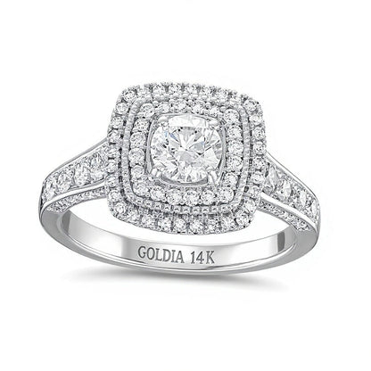 1.25 CT. Gesamtgewicht Diamant Verlobungsring im Kissenschliff mit doppeltem Halo und Krappenfassung in 14K Weißgold (I/I1)