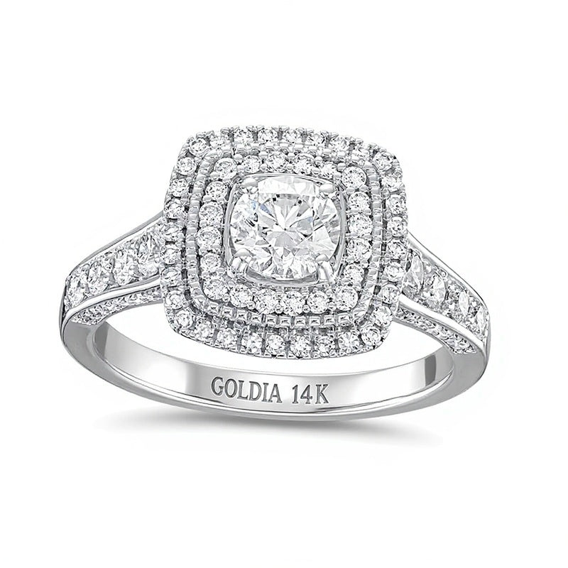 1.25 CT. Gesamtgewicht Diamant Verlobungsring im Kissenschliff mit doppeltem Halo und Krappenfassung in 14K Weißgold (I/I1)