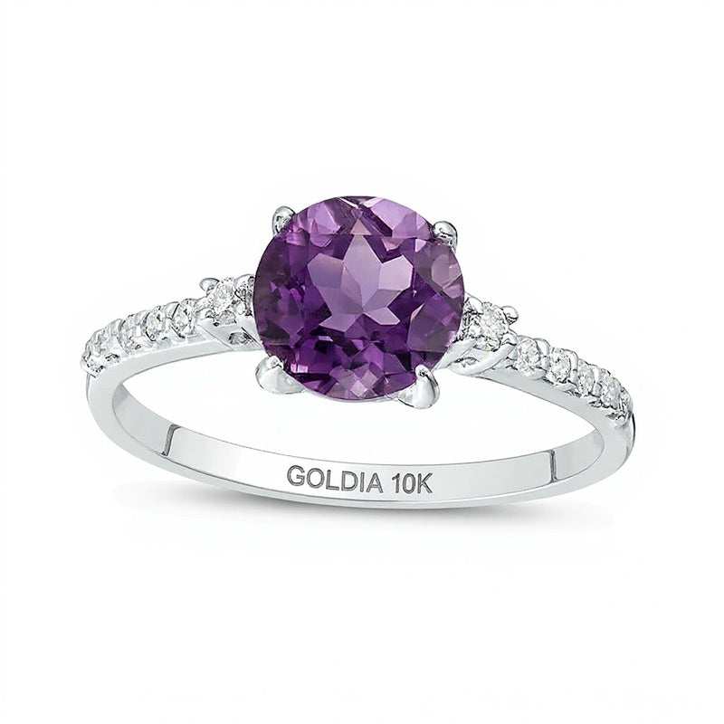 7.0mm Amethyst und 0,13 ct. Gesamtgewicht Diamant Solitär mit seitlichem Besatz in 10K Weißgold