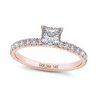 1.0 CT. Gesamtgewicht Diamant-Verlobungsring im Princess- und Rundschliff Solitär mit seitlichem Besatz in 14K Roségold