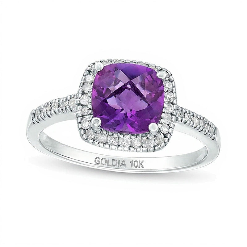 Halo-Ring mit Amethyst im Kissenschliff 7,0mm und Diamanten 0,2 ct. Gesamtgewicht in 10K Weißgold