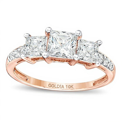 Dreistein-Ring mit weißen Labor-Saphiren im Princess-Schliff in 10K Roségold