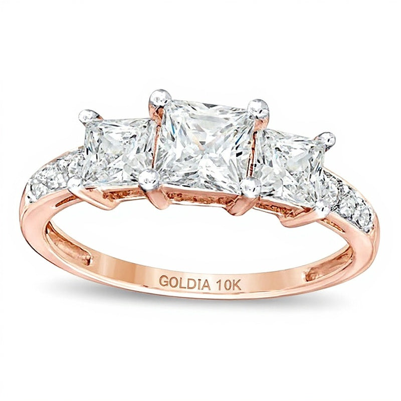 Dreistein-Ring mit weißen Labor-Saphiren im Princess-Schliff in 10K Roségold