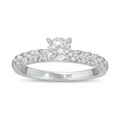 Verlobungsring mit weißen Diamanten 1.0 CT. Gesamtgewicht, Solitär mit seitlichem Besatz, 10K Weißgold