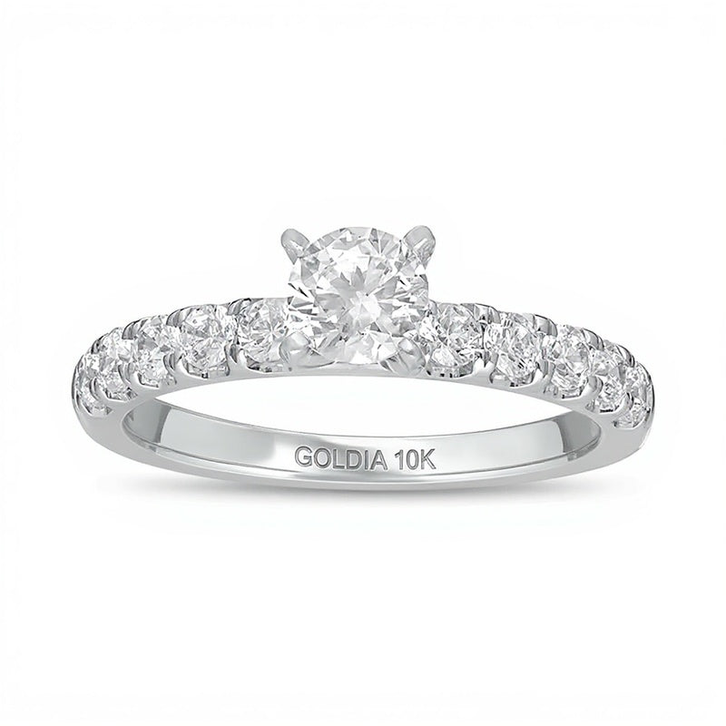 Verlobungsring mit weißen Diamanten 1.0 CT. Gesamtgewicht, Solitär mit seitlichem Besatz, 10K Weißgold