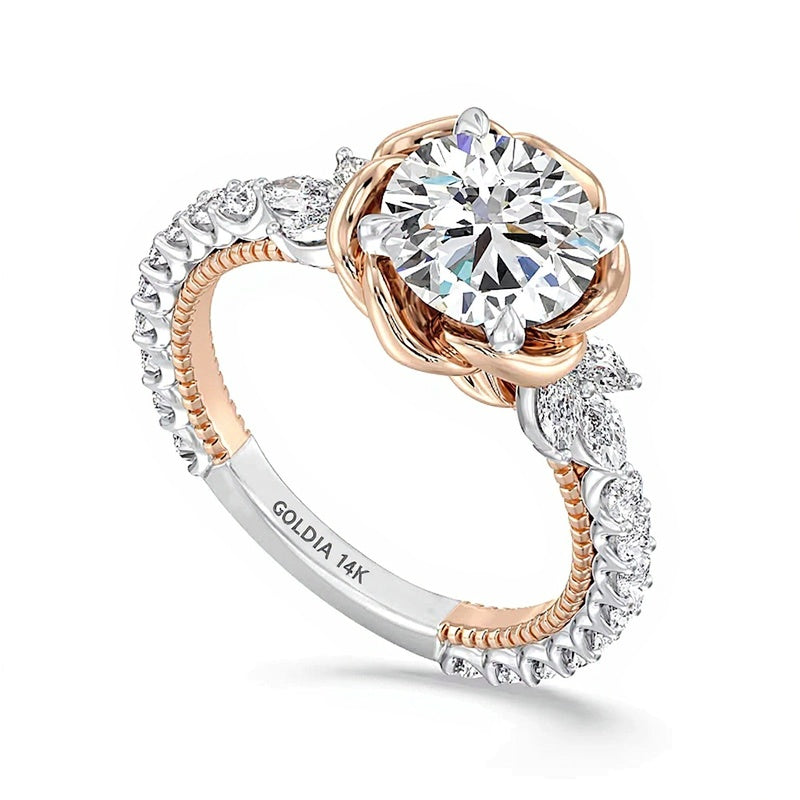 Solitär-Verlobungsring mit seitlichem Besatz für Damen mit Labordiamanten in rund und Marquise, 2,75 ct. Gesamtgewicht, weiß, 14K Two-Tone Gold