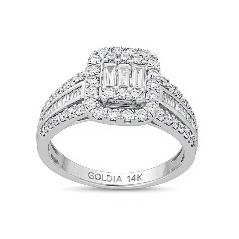 Verlobungsring mit mehreren Diamanten im Baguette-, Rund- und Smaragdschliff 1.0 ct. Gesamtgewicht in 14K Weißgold