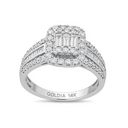 Verlobungsring mit mehreren Diamanten im Baguette-, Rund- und Smaragdschliff 1.0 ct. Gesamtgewicht in 14K Weißgold