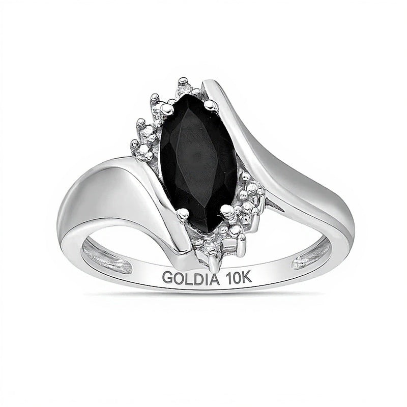Bypass-Ring für Damen mit schwarzem Onyx im Marquise-Schliff und Diamant-Besatz in 10K Weißgold