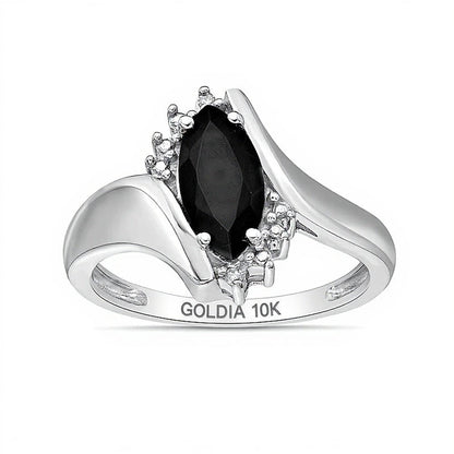 Bypass-Ring für Damen mit schwarzem Onyx im Marquise-Schliff und Diamant-Besatz in 10K Weißgold