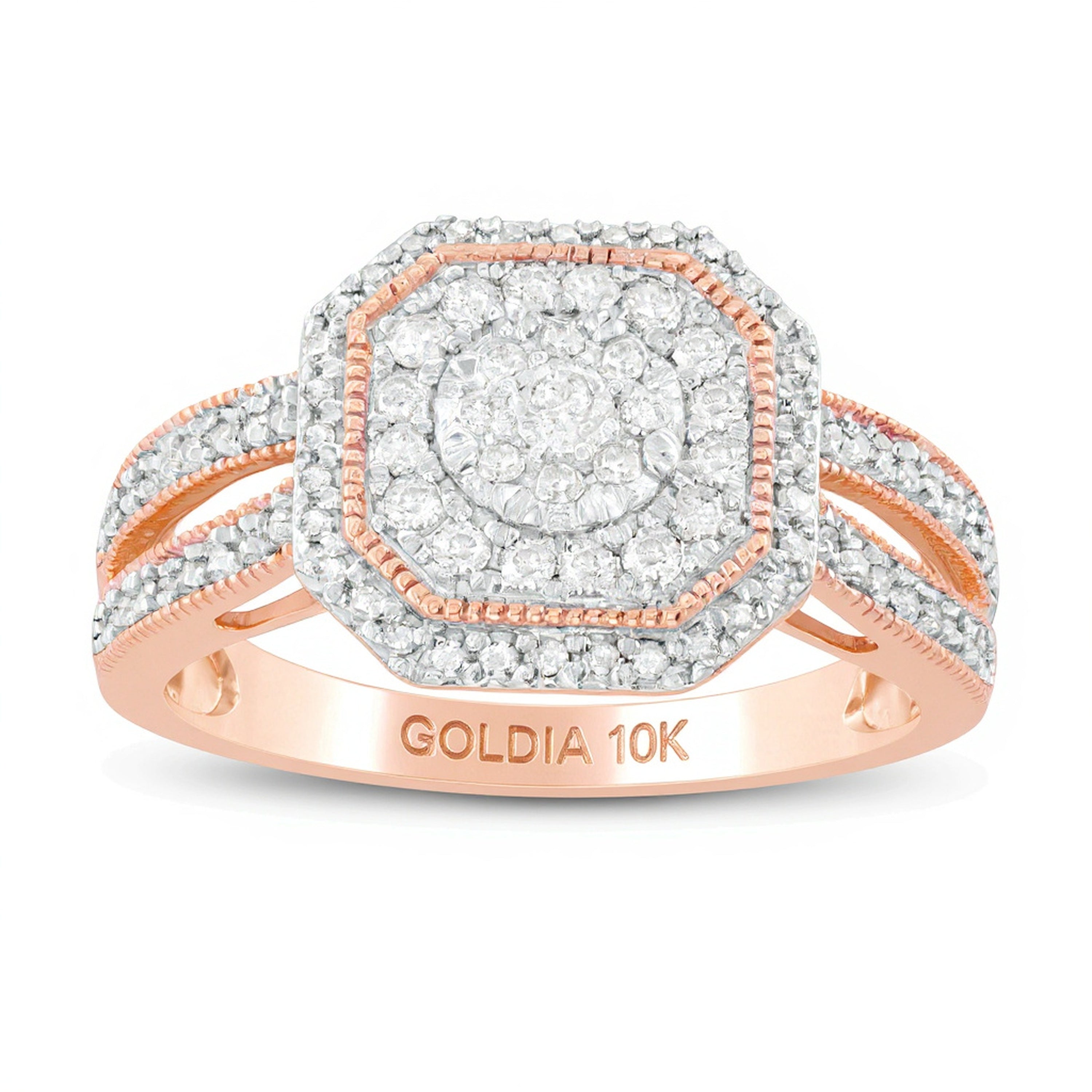 0.5 ct. Gesamtgewicht Komposit-Diamant Halo Vintage-Ring mit geteiltem Ringschienen-Design in 10K Gelbgold