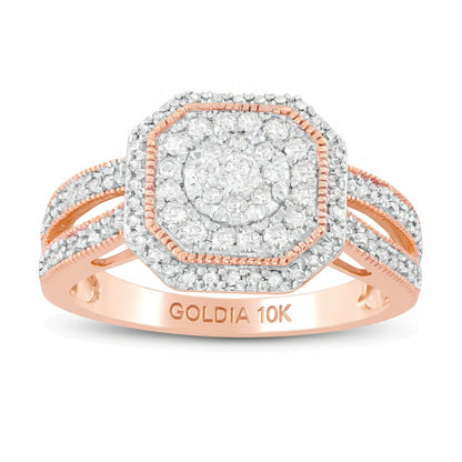 0.5 ct. Gesamtgewicht Komposit-Diamant Halo Vintage-Ring mit geteiltem Ringschienen-Design in 10K Gelbgold