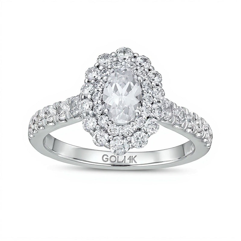 1.5 CT. Gesamtgewicht Verlobungsring mit ovalem Diamant und Halo in 14K Weißgold (I/SI2)