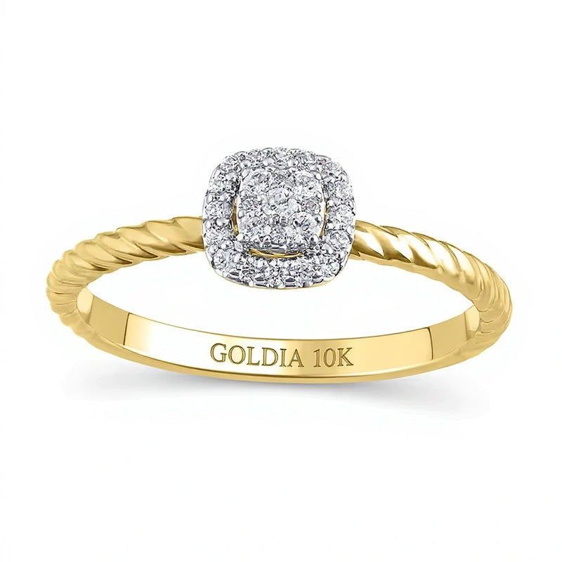 Halo-Ring mit Diamanten im Kissenschliff und runden Diamanten, 0.17 ct. Gesamtgewicht, in 10K Gelbgold