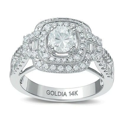 Halo Verlobungsring mit Diamanten in rund und Baguette 1,25 ct. Gesamtgewicht in 14K Weißgold (H-I/I1)