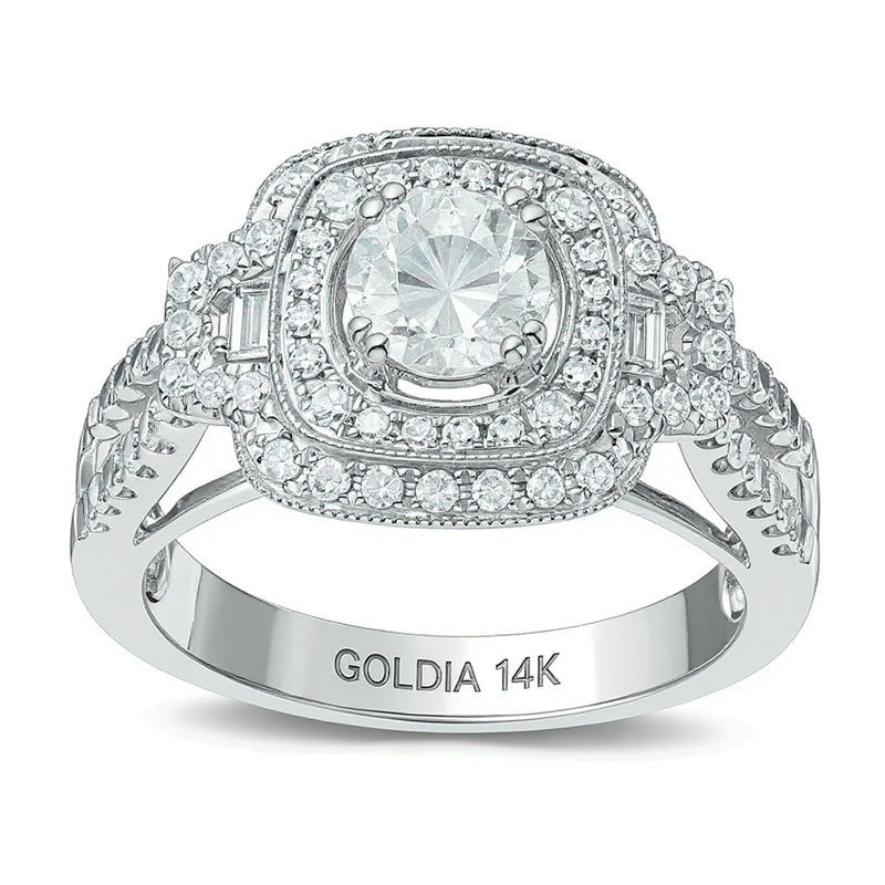 Halo Verlobungsring mit Diamanten in rund und Baguette 1,25 ct. Gesamtgewicht in 14K Weißgold (H-I/I1)
