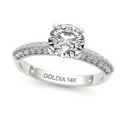 0.75 ct. Gesamtgewicht Diamant Solitär mit seitlichem Besatz Verlobungsring im Vintage-Stil in 14K Weißgold