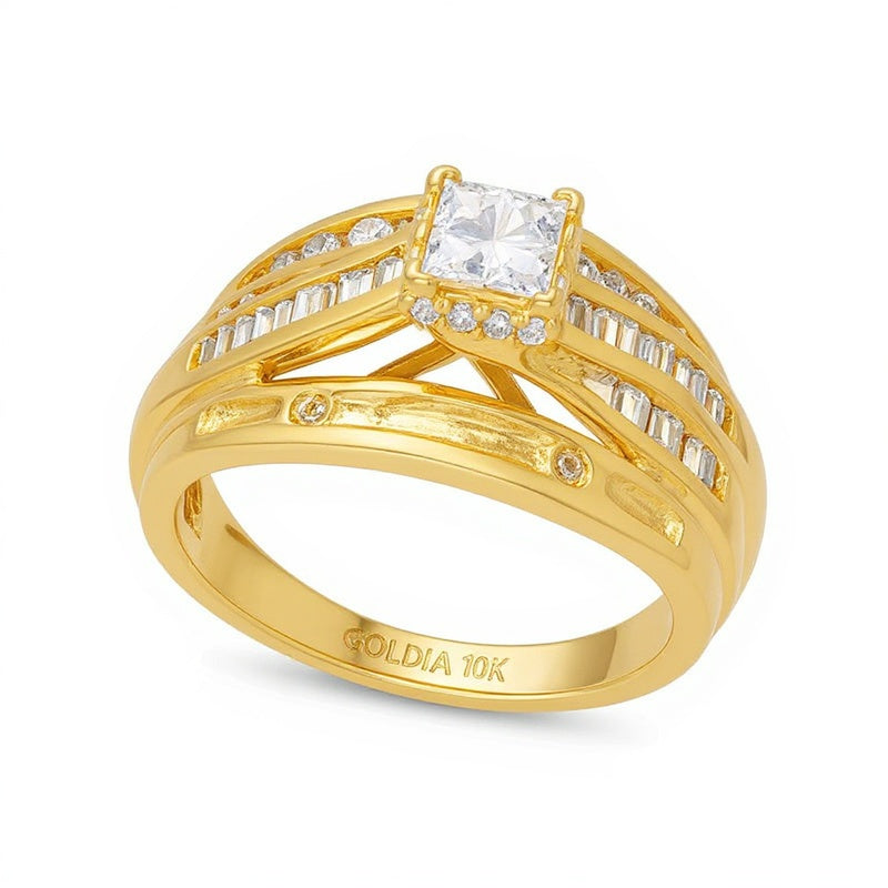 1.0 ct. Gesamtgewicht Verlobungsring mit Diamanten im Princess- und Rundschliff, Bypass mit doppelter Reihe, in 10K Gelbgold