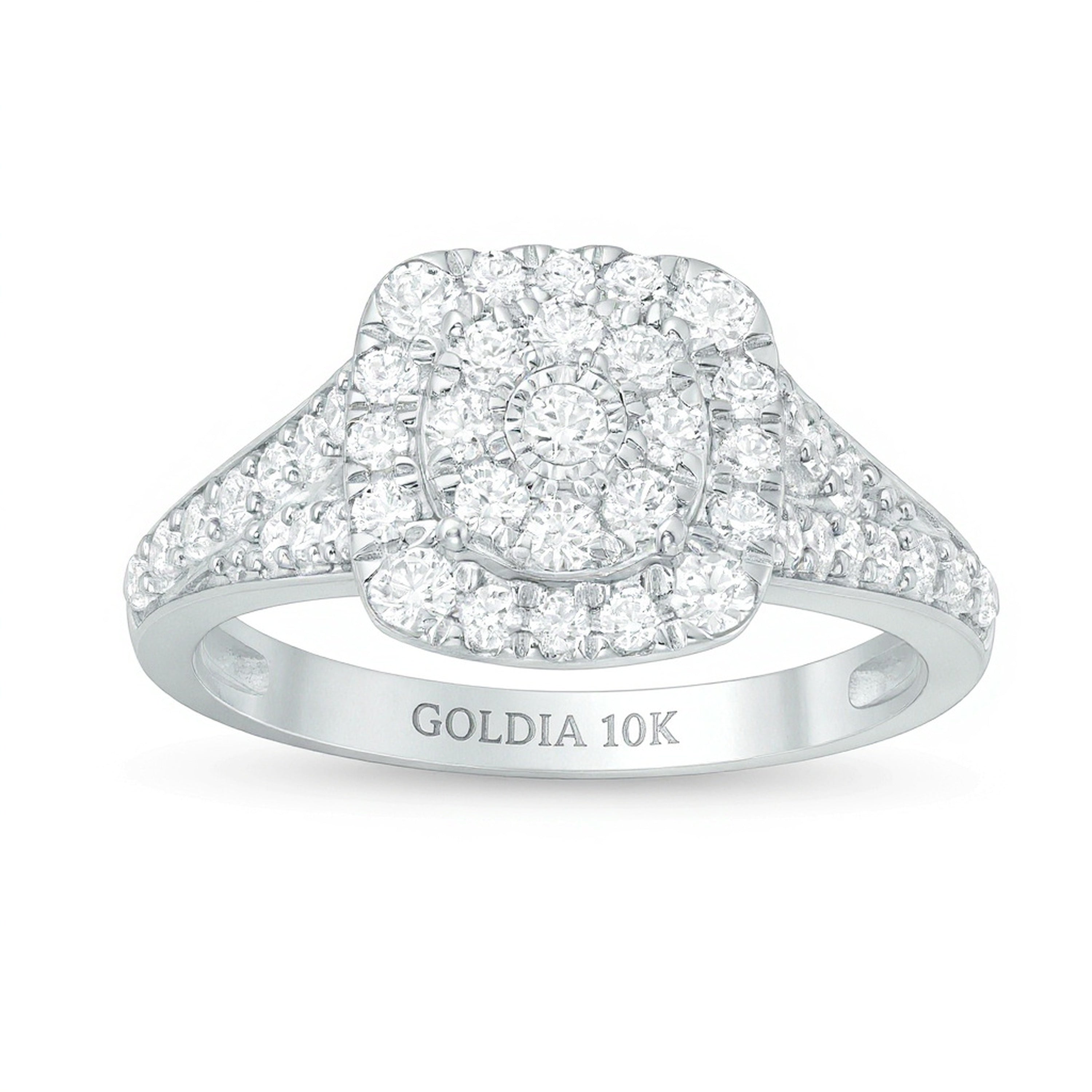 Verlobungsring mit Komposit-Diamanten 1.0 ct. Gesamtgewicht, doppelter Kissenschliff-Rahmen und geteilter Schiene, in 10K Weißgold