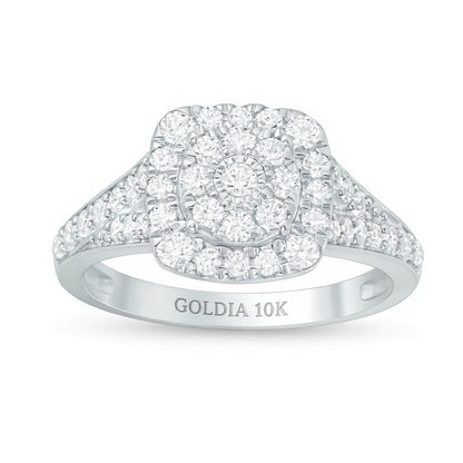 Verlobungsring mit Komposit-Diamanten 1.0 ct. Gesamtgewicht, doppelter Kissenschliff-Rahmen und geteilter Schiene, in 10K Weißgold