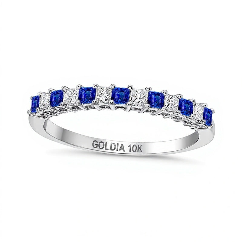 Memoire-Ring mit blauem Saphir im Princess-Schliff und Diamant im Princess-Schliff 0,2 ct. Gesamtgewicht im Wechsel in 10K Weißgold