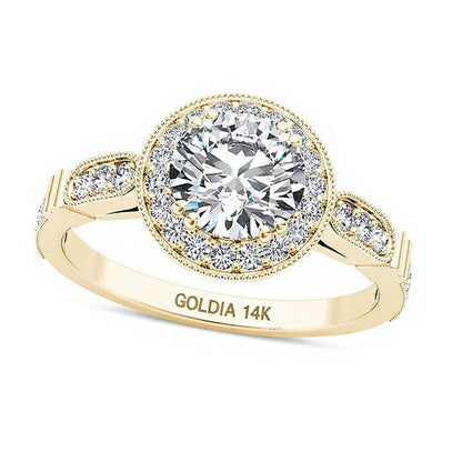 1,2 ct. Gesamtgewicht Diamant Halo Verlobungsring im Vintage-Stil in 14K Gelbgold