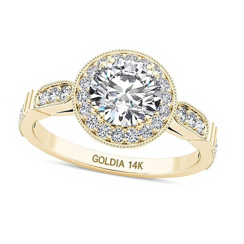 1,2 ct. Gesamtgewicht Diamant Halo Verlobungsring im Vintage-Stil in 14K Gelbgold