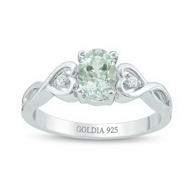 Freundschaftsring für Damen mit ovalem Aquamarin und Diamant-Besatz sowie Herzseiten aus rhodiniertem Sterlingsilber