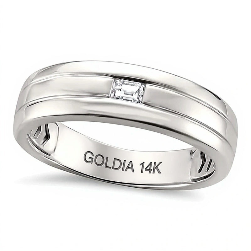 0.13 ct. Solitär-Ring mit Baguette-Diamant und Rillen-Design in 14K Weißgold