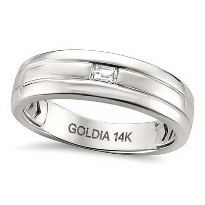 0.13 ct. Solitär-Ring mit Baguette-Diamant und Rillen-Design in 14K Weißgold