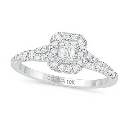 Halo-Verlobungsring mit Diamanten im Smaragdschliff 0.5 ct. Gesamtgewicht in 10K Weißgold