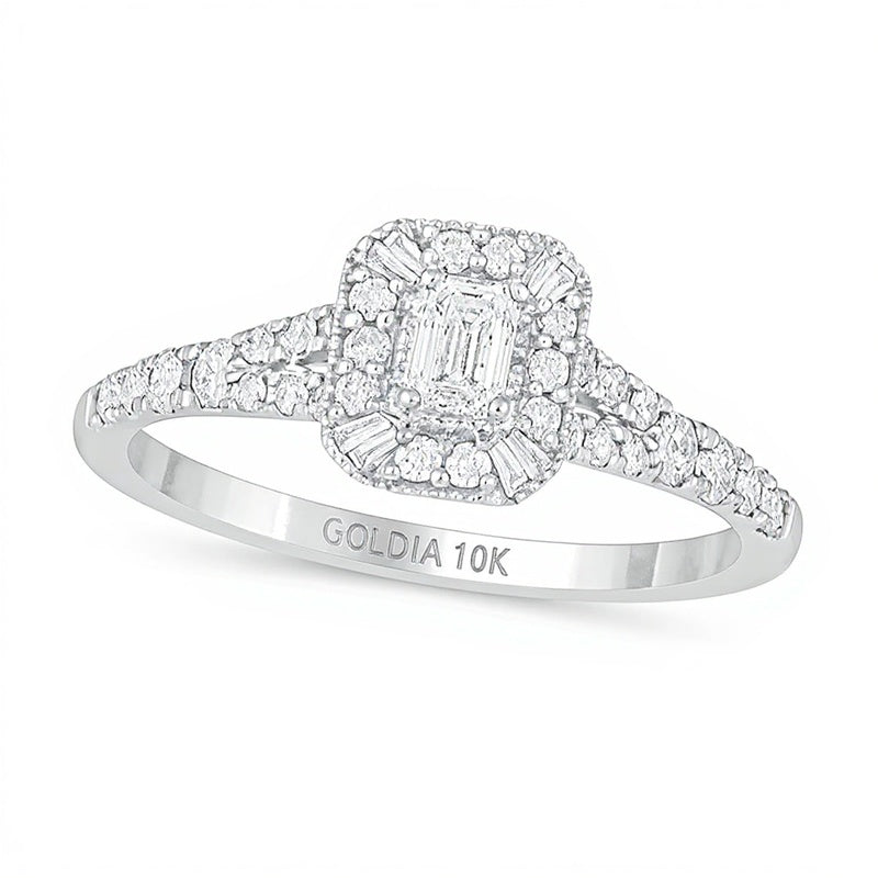 Halo-Verlobungsring mit Diamanten im Smaragdschliff 0.5 ct. Gesamtgewicht in 10K Weißgold