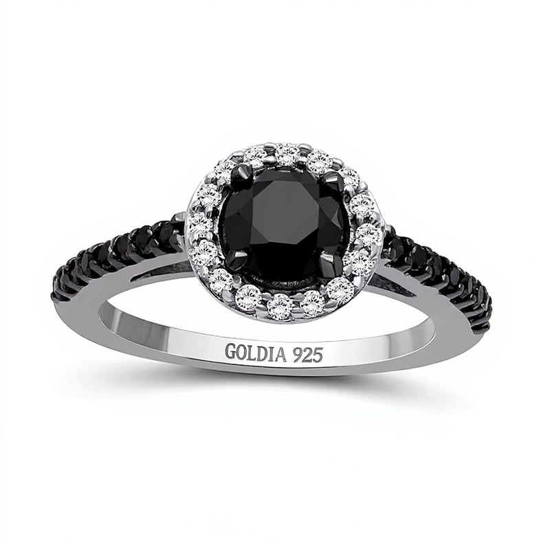 1.5 ct. Gesamtgewicht Halo-Ring mit schwarzen und weißen Diamanten in rhodiniertem Sterlingsilber