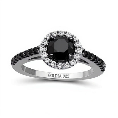 1.5 ct. Gesamtgewicht Halo-Ring mit schwarzen und weißen Diamanten in rhodiniertem Sterlingsilber