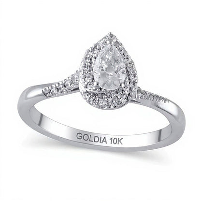 0,5 ct. Gesamtgewicht Verlobungsring mit tropfenförmigem Diamant und Halo in 10K Weißgold