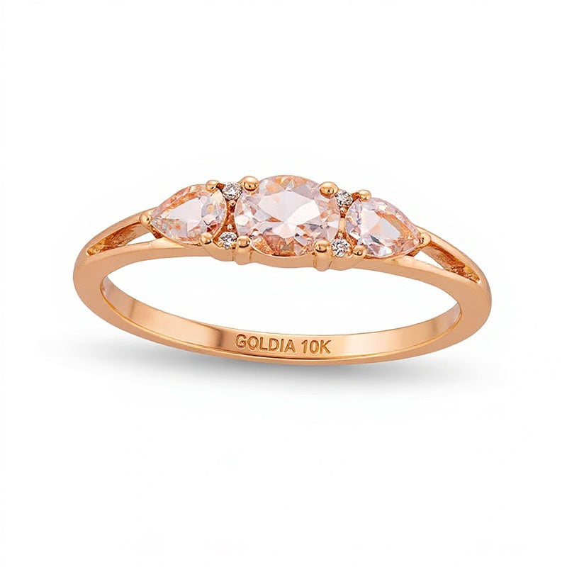 Dreistein-Ring mit Morganit in Oval und Tropfen sowie Diamant-Besatz in 10K Roségold