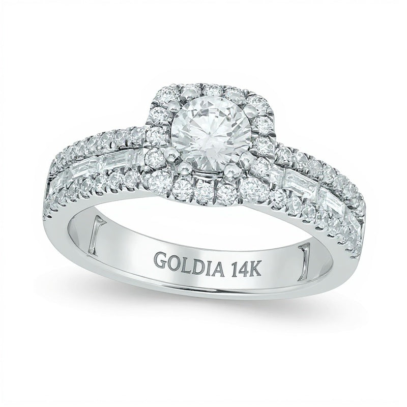 Halo Verlobungsring mit Diamanten in rundem und Baguette-Schliff, 1.5 CT. TW, 14K Weißgold (I/SI2)