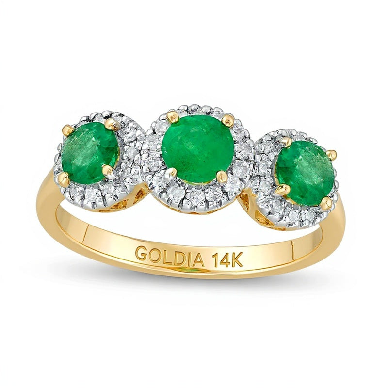 4,5 mm Smaragd und 0,2 ct. Gesamtgewicht Diamant Dreistein-Ring mit Rahmen in 14K Gelbgold