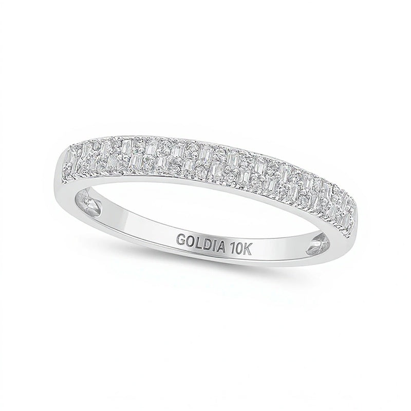 0.2 ct. Gesamtgewicht Memoire-Ring mit Diamanten im Baguette- und Rundschliff, zweireihig, in 10K Weißgold