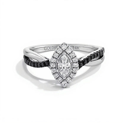0.5 ct. Gesamtgewicht Verlobungsring mit Diamanten im Marquise- und Rundschliff in Halo-Fassung aus 14K Weißgold