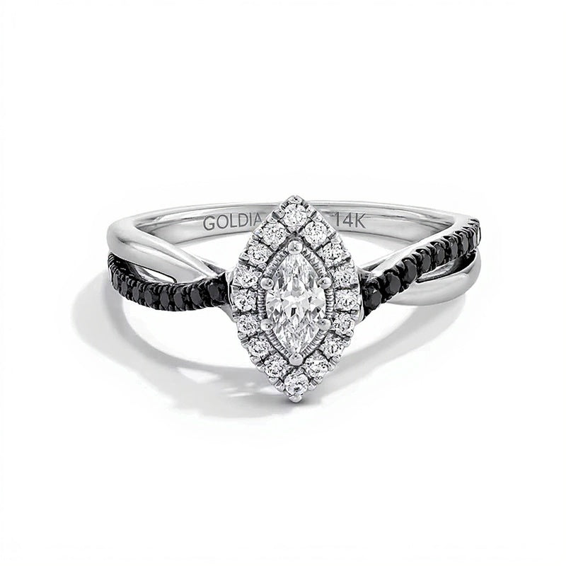 0.5 ct. Gesamtgewicht Verlobungsring mit Diamanten im Marquise- und Rundschliff in Halo-Fassung aus 14K Weißgold