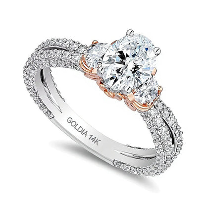2,25 ct. Gesamtgewicht Solitär mit seitlichem Besatz Verlobungsring mit ovalem Labordiamant in 14K Bicolor-Gold