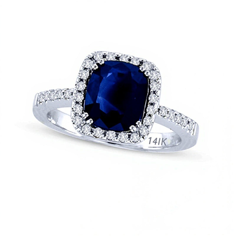 Halo-Ring mit blauem Saphir im Kissenschliff und Diamanten 0,25 ct. Gesamtgewicht in 14K Weißgold