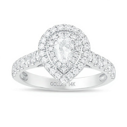Halo-Verlobungsring mit tropfenförmigem Diamant 1.0 ct. Gesamtgewicht in 14K Weißgold