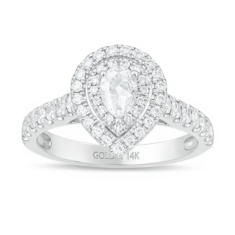 Halo-Verlobungsring mit tropfenförmigem Diamant 1.0 ct. Gesamtgewicht in 14K Weißgold